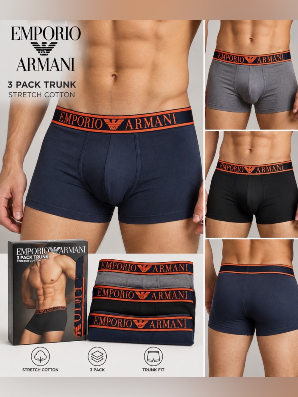 Emporio Armani Mens 3 Pack Boxer Trunks  L Black /grey/navy‎ cotton  Shorts L